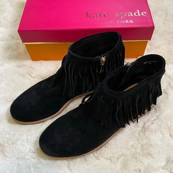 Kate Spade New York Size 9 Betsie Black Fringe Suede Ankle Booties Gold Zipper - Picture 4 of 16